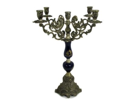 Large Candle Holder Candlestick Candelabra 5 Arm Spelter LImoges Style Blue Porcelain  Impressive  WOW