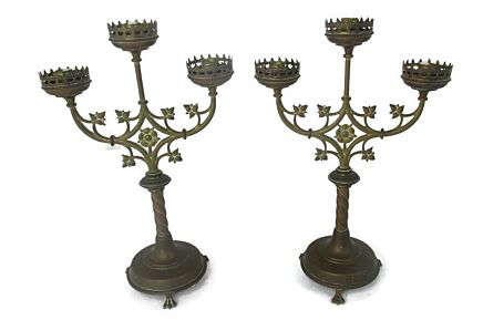 Couple Pair Brass Hollywood regency Floral Candle Holders Candelabra 3 arm
