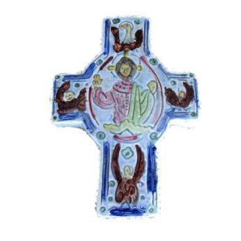 French Wall Hanging Crucifix Ceramic Mid Century Modernist Evangelists HTF