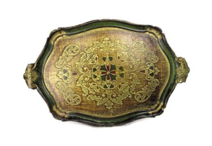 Large Mid Century Italy Hollywood Regency Florentine Serving Tray Green Gold Wood Decoration Ornate