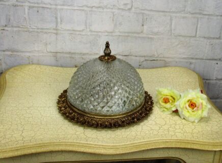 Vintage French Ceiling Lamp Fixture Plafonnière Brass Bubbled Glass 9.84"