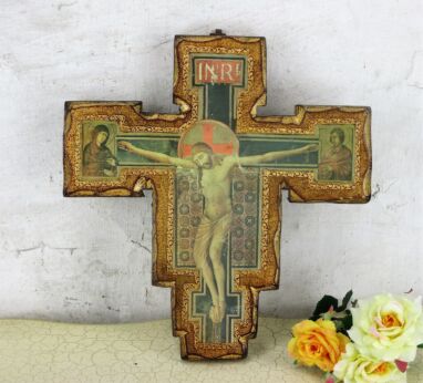 Florentine Wood San Damiano Style Wall Hanging Crucifix Jesus Christ Gold Gilt