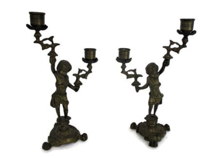 Couple Vintage Brass Ornate 2 Arm Double Candle Holder Candelabra Putti Eros Cherub Lion Feet Legs Beautiful