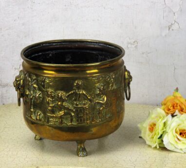 Brass Planter Jardiniere flower pot Ornate Lion Head Claw Feet Brueghel Scene
