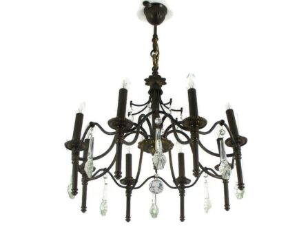 Chandelier 8 Lights Arms Hollywood Regency Spelter Chandelier Crystal Prisms