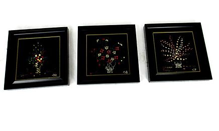 3 miniature paintings on Black Fabric Framed Vases Lovely Ornate