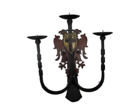 Wrought Iron Candle Holder Candelabra 3 arm Eagle Shield Rustic Antique