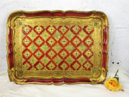 Italian Mid Century Hollywood Regency Florentine Serving Tray Gold Red Wood