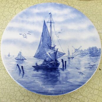 Large Delft Charger Plate Blue White Windmill Sailing Boat Ship Seaside Lovely