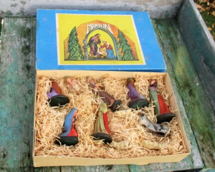 Vintage Marolin Paper Mache Nativity Christmas Scene Set Handmade Germany 