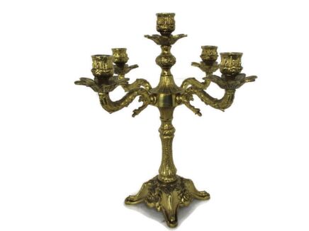 Vintage Gorgeous Brass Ornate Embossed Candle Holder Stick Candelabra 5 arm