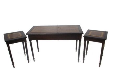 set of 3 large nesting stacking Side Coffee tables Wood Faux Leather Top Drawer Very Rare WoW