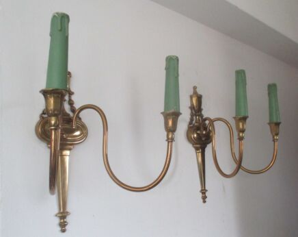 L Vintage Pair Brass Ornate Hollywood Regency Wall Sconces Green Plastic Candles