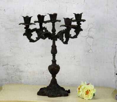 Large Mid Century Modern Ornate Spelter 5 Arm Candle Holder Candelabra 16"
