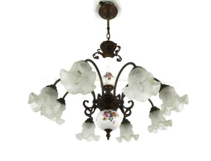 Chandelier 8 arm Lights Italian Porcelain Flowers Flower Glass Shades Vintage