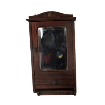 Vintage Ornate Wooden Oak Kitchen Apothecary Wall Cabinet Mirror Beveled Glass