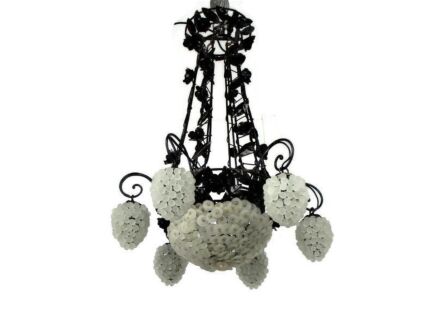 Wrought Iron Castle Chandelier Roses 6 Glass Grapes Art Deco era Van Boeckel WOW