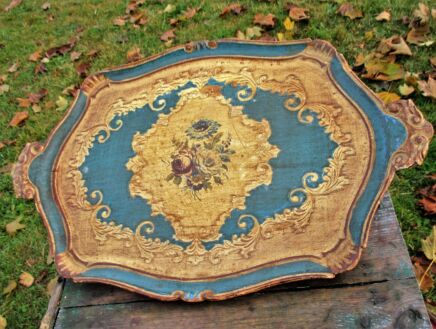 Italian Mid Century Hollywood Regency Florentine Blue Serving Tray gold gilt