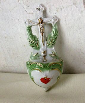 Antique French Holy Water Font Vessel Bisque Porcelain H Heart Crucifix HTF