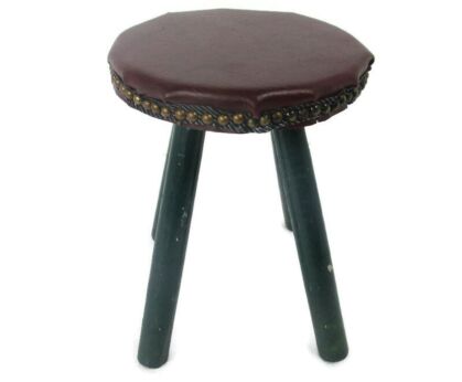 Vintage Hand Carved wood Tripod Milking Stool Pedestal Green Leather Hobnails