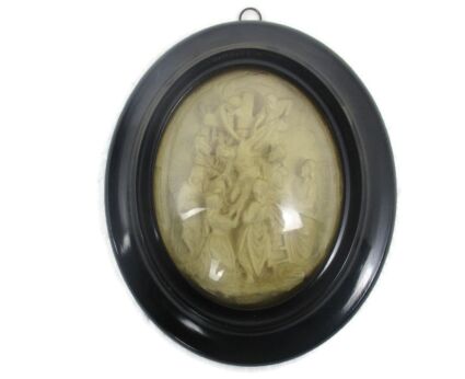 Antique Oval Ornate Wooden Frame  Convex Glass Dome Jesus Christ descent from the Cross