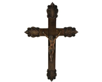 Large Hand Carved Wood Oak Ornate Hanging Crucifix Cross Jesus Christ Brass Corpus Gorgeous 31.29"