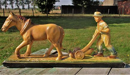 Art Deco Large Plaster Statuette Farmer Plow Horse Renova