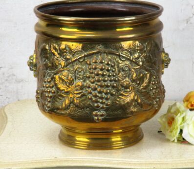 Brass Planter Jardiniere flower pot Ornate Lion Head  Grapes Vines