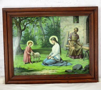 Antique Wooden Frame Holy Family Jesus Virgin Mary St Joseph Print Lithography