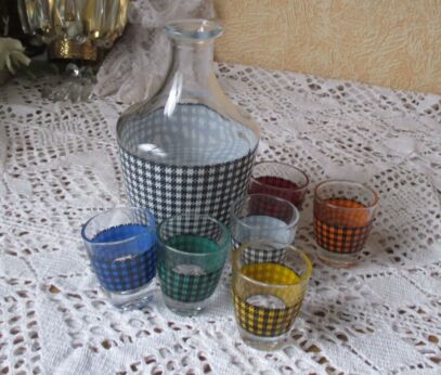 vintage retro set checkered shot Glasses Decanter Liquor Set France no Stopper