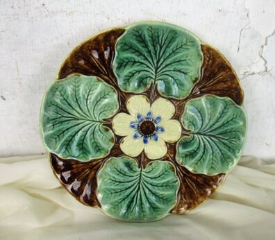 French Plate Majolica Barbotine Faience Flower Leafs Marked Decorative
