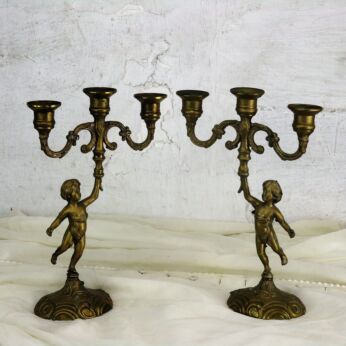 Couple Vintage Brass Ornate 3 Arm Candle Holder Candelabra Putti Eros Cherub