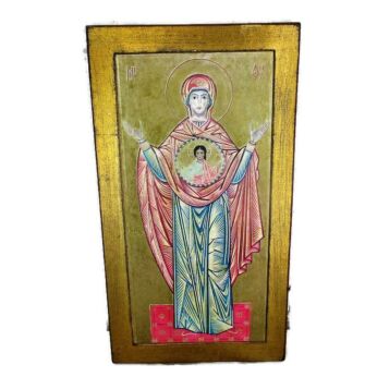 Vintage Wooden Icon Paint over Print Madonna Virgin mary Infant Jesus 15.3" HTF