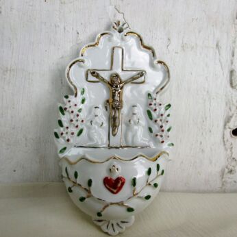 Holy Water Font Porcelain Bisque Wall Hanging Vessel Calvary Jesus Christ HTF