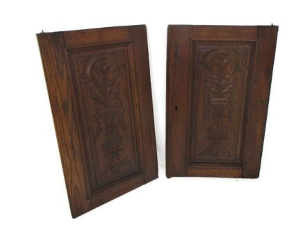 Pair Antique French hand Carved Wood Oak Door Panels Reclaimed Architectural Flower Baskets