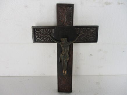 Small vintage Wooden Hanging Crucifix Jesus Christ Spelter Corpus Hand Carved Wood Lovely
