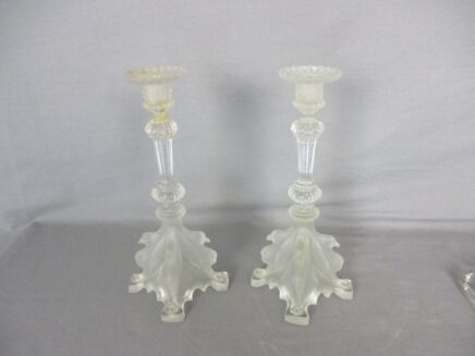 Antique Couple Pair of Glass Candle Holders Prisms Birds Gorgeous Rare Art Glass