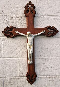 Large French Carved Wood Hanging Crucifix Antique corpus Fleur de lis 29.53"
