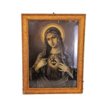 Wooden Plaster Ornate Frame Sacred Heart Virgin Mary Madonna Vintage Print