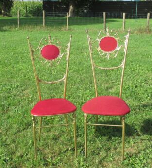 Vintage Authentic Pair Couple Chiavari Chairs Brass Italian Hollywood Regency