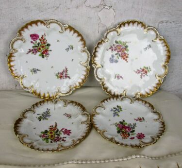 set of 4 French Limoges Plates Marked A&L Gold Rim Flowers Decorative Scalloped