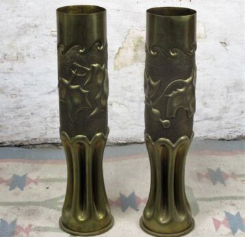Xl Couple Pair of Shell Casing trench Art Vases Ivy WWI Germany 19.68"