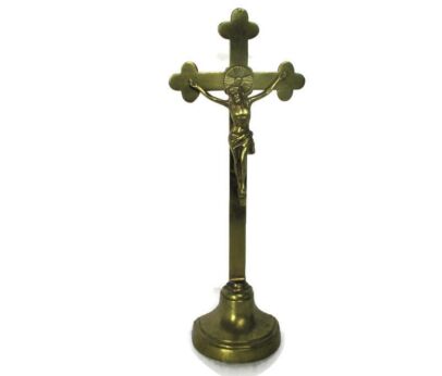 French Embossed Brass Standing Crucifix Ornate Lovely Jesus Christ Fleur de Lis Lys 13.77"