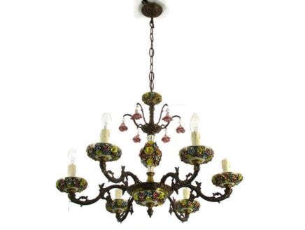 Italian Regency Chandelier 6 arm Lights Ornate Faux Brass Porcelain Flowers