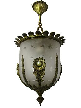 Chandelier Pendant Etched Glass Brass Ornate Trims Pearl Hollywood regency