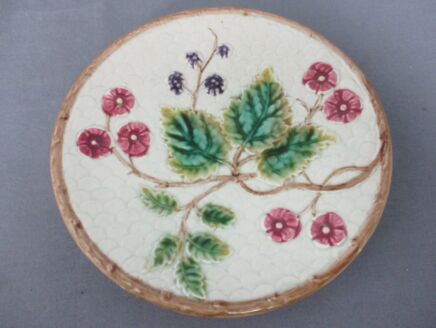 French Plate Majolica Barbotine Faience Flowers Leafs Marked Decorative