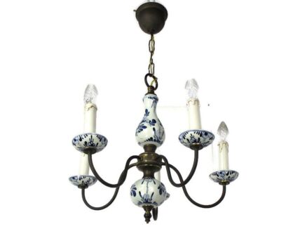 Delft Blue White Porcelain Ornate Brass Chandelier 5 Arm 5 Lights Barn Country
