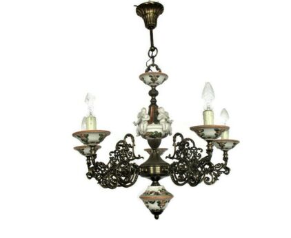 Vintage Capodimonte style chandelier 5 arm Lights Porcelain Putti Cherubs Eros