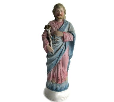 Antique Statue Saint Joseph Protector of Homes Bisque Porcelain Lovely Pastel Pink Blue Lillies