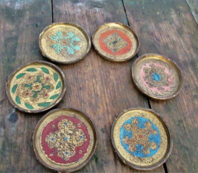 Italian Mid Century Hollywood Regency Florentine 6 coasters gold gilt Resin